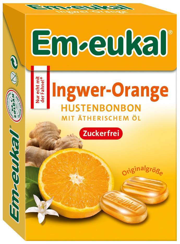 Em Eukal Ingwer Orange Bonbons Box 50 G Zuckerfrei