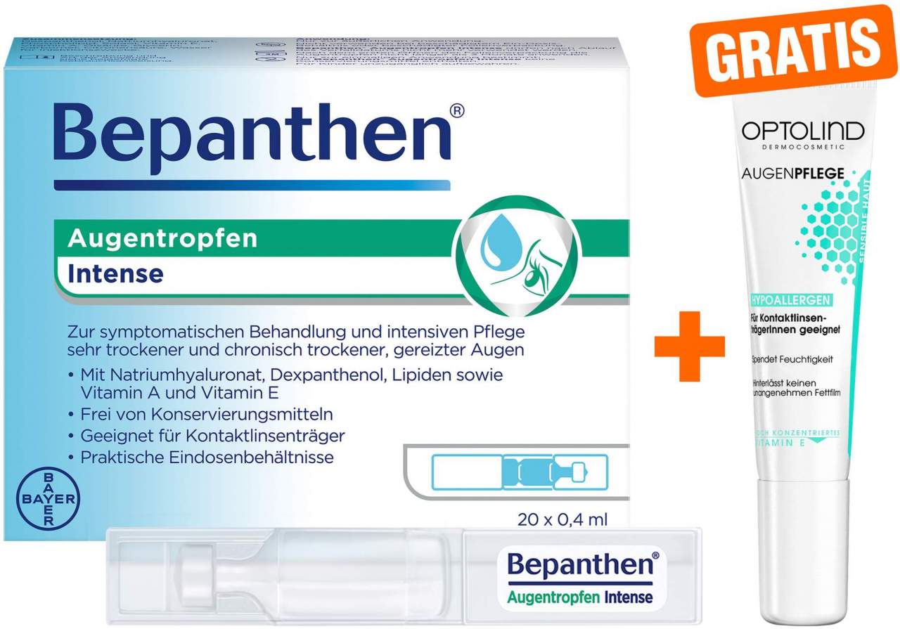 Bepanthen Augentropfen Intense 20 x 0,4 ml + gratis Optolind Empfindl. Haut Augenpflege 15 ml