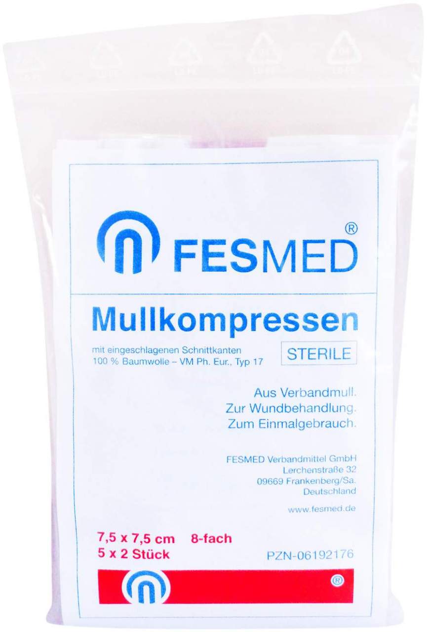 Mullkompressen Es 7,5x7,5cm 8fach Steril 5x2 Kompressen