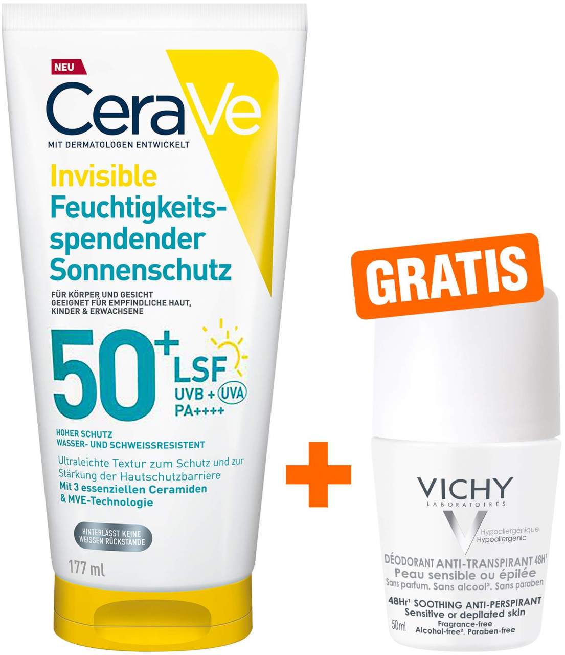 CeraVe Invisible Feuchtigkeitsspendender Sonnenschutz LSF 50+ 177 ml + gratis Vichy Deo Roll-on Anti Flecken 48h 50 ml