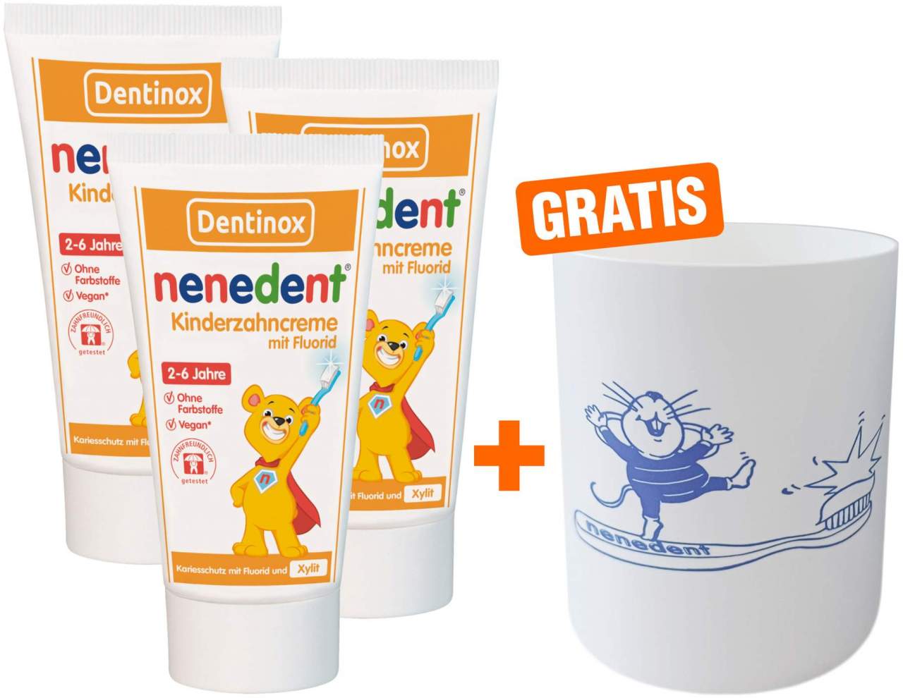 Nenedent Zahncreme m.Fluorid 3 x 50 ml 2 bis 6 Jahre + gratis Zahnputzbecher 1 Stück