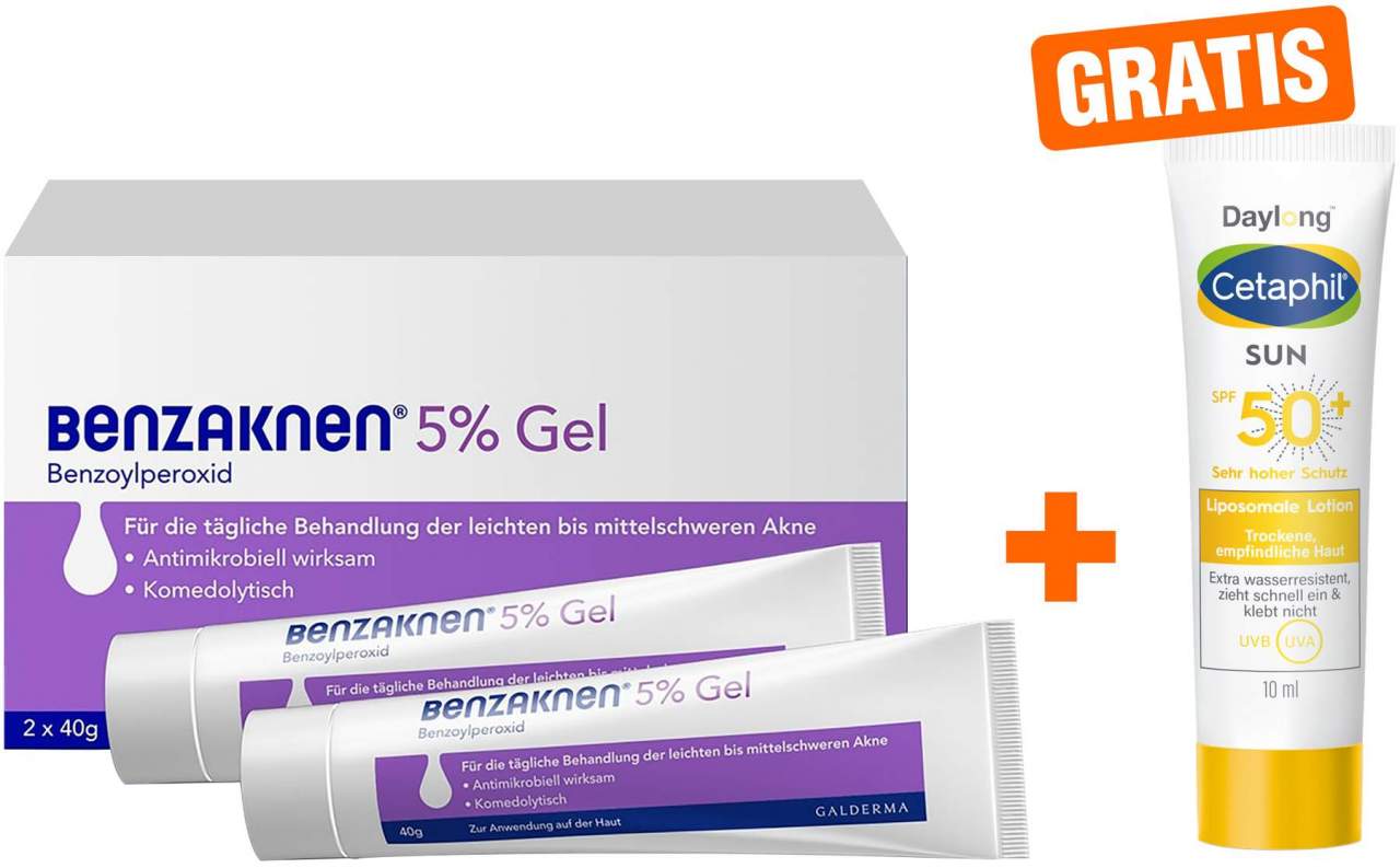 Benzaknen 5% Gel 2 x 40 g + gratis Cetaphil Sun Daylong SPF 50+ Liposomale Lotion 10 ml