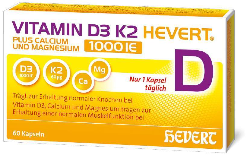 Vitamin D3 K2 Hevert + Calcium und Magnesium 1000IE 60 Kapseln