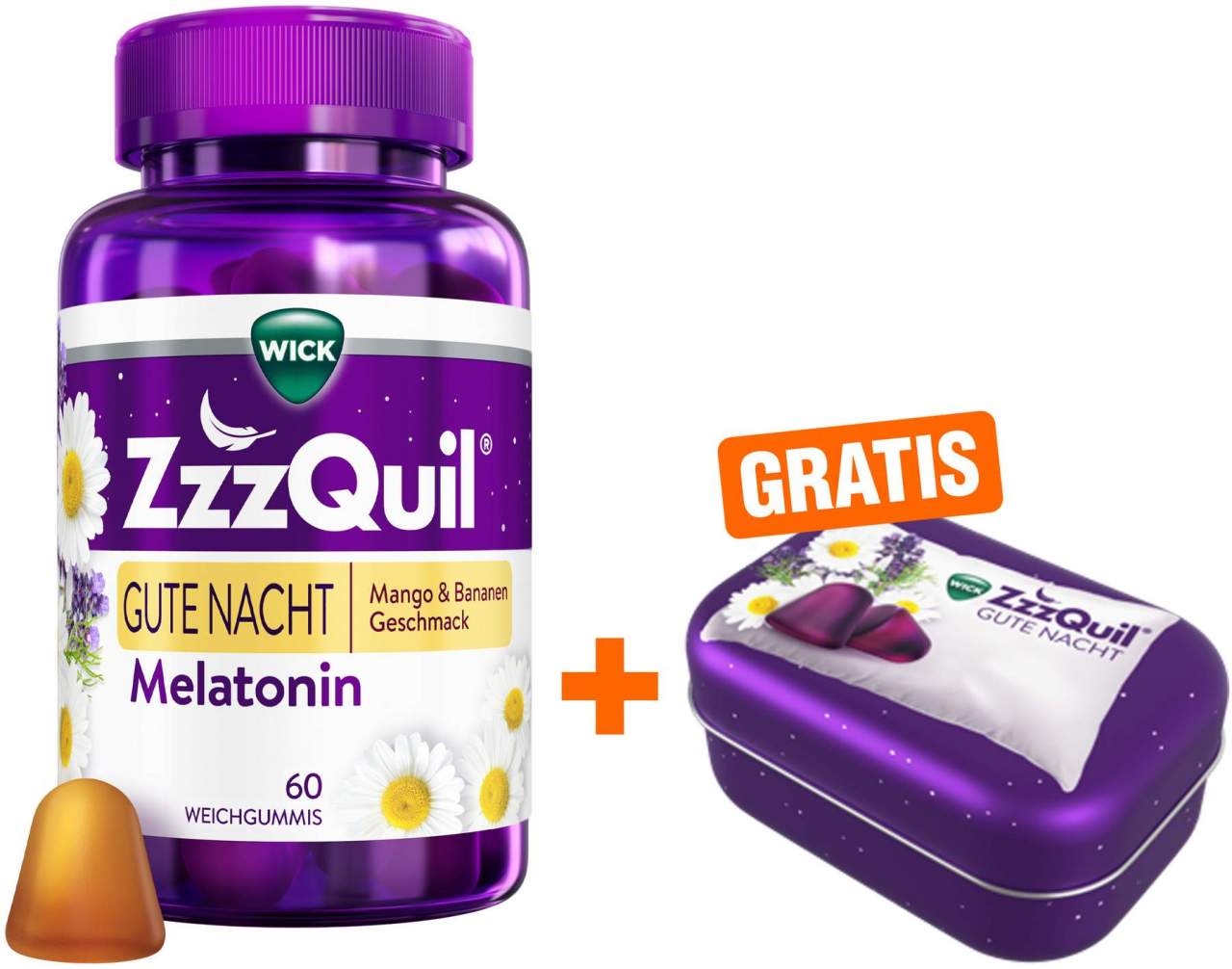 Wick ZzzQuil Gute Nacht Mango & Banane 60 Weichgummis + gratis Wick ZzzQuil Reise-Dose 1 Stück