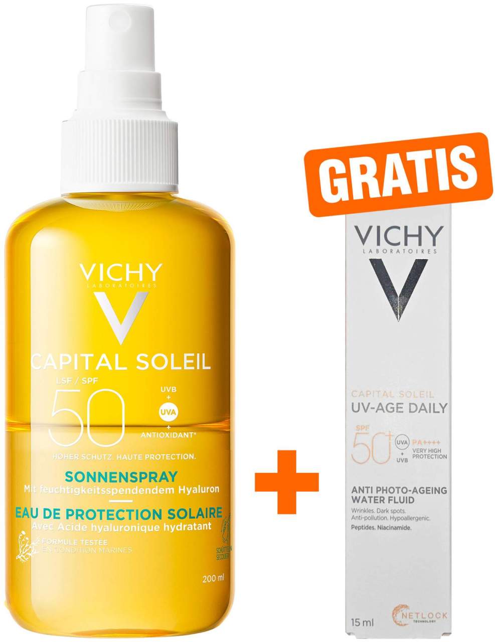 Vichy Capital Soleil Sonnenspray mit Hyaluron LSF 50 200 ml + gratis Vichy Capital Soleil UV-Age Daily LSF 50+ 15 ml - Feuchtigkeitsspendender Sonnenschutz