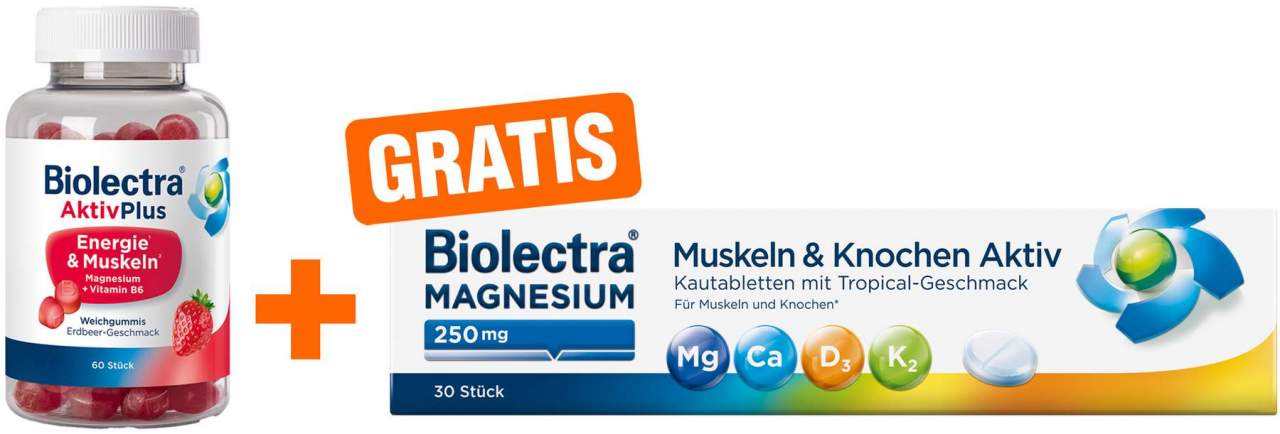 Biolectra AktivPlus Energie & Muskeln Erdbeere 60 Weichgummis + gratis Biolectra Aktiv Magnesium 250 30 Kautabletten