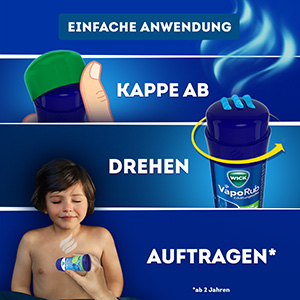 Die einfache Anwendung von WICK VapoRub im Stick Format wird gezeigt: Kappe entfernen, am Stick drehen, Salbe auftragen auf die Brust ab 2 Jahren.