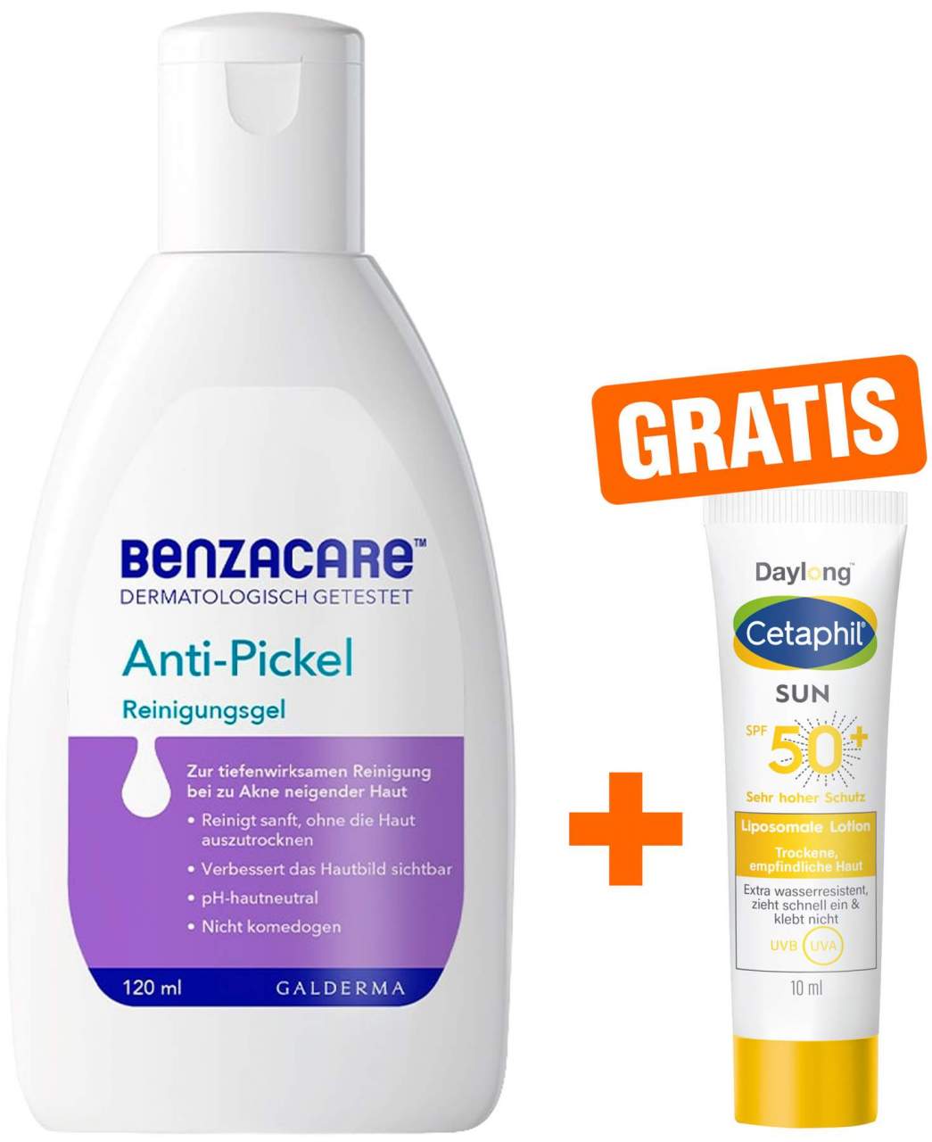 Benzacare Anti-Pickel Reinigungsgel 120 ml + gratis Cetaphil Sun Daylong SPF 50+ liposomale Lotion 10 ml - Bei Akne